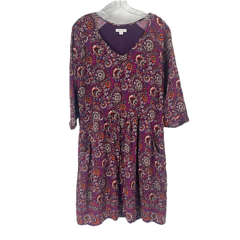 Garnet Hill Purple Paisley V Neck Dress Sz 8 Long Sleeve